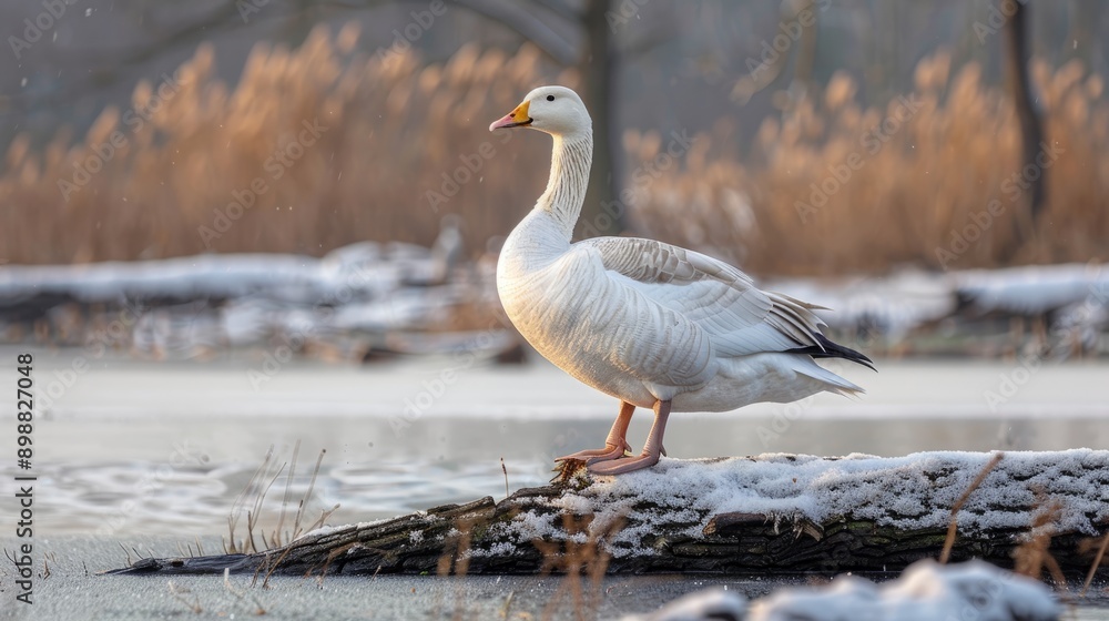 Fototapeta premium Lonely white goose sitting on a log in snowy landscape