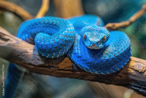 Blue viper ready to attack on branch closeup shot