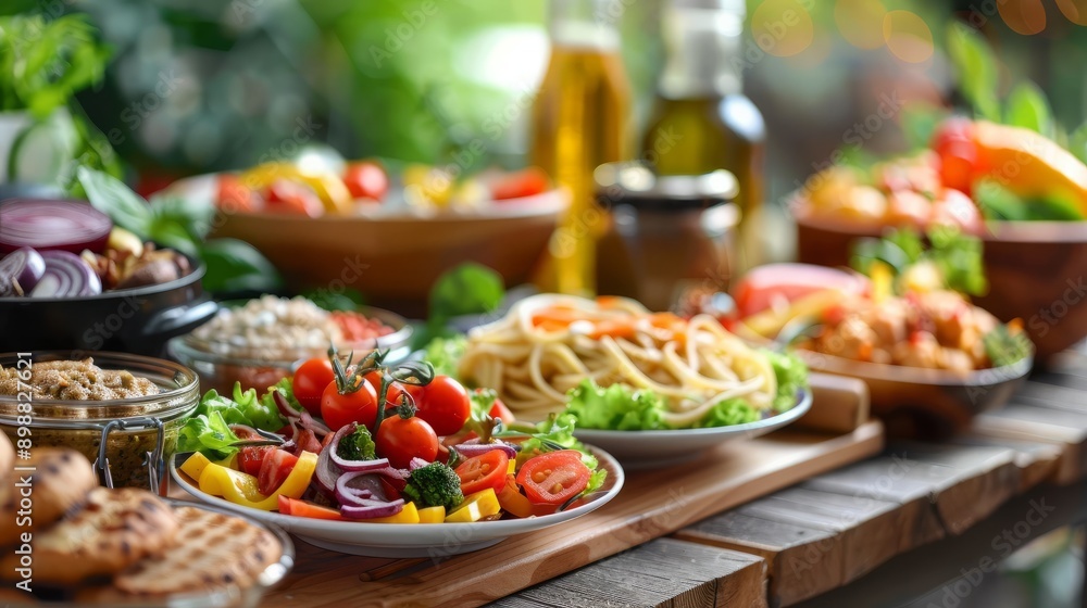 Variety of tasty food items on a wooden table during a summer gathering Variety of tasty food items on a wooden table during a summer gathering