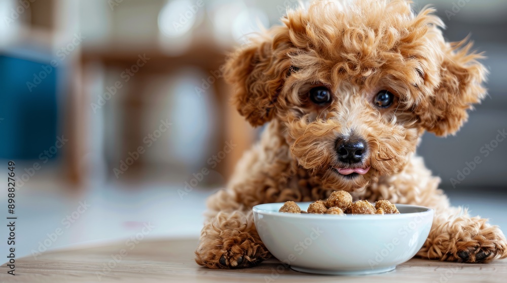 Miniature poodle toy enjoying its meal in a cozy home setting Miniature poodle toy enjoying its meal in a cozy home setting