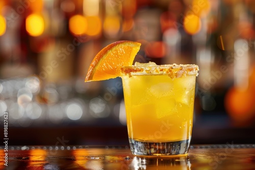 Close up of Mexican sour cocktail on bar with orange garnish