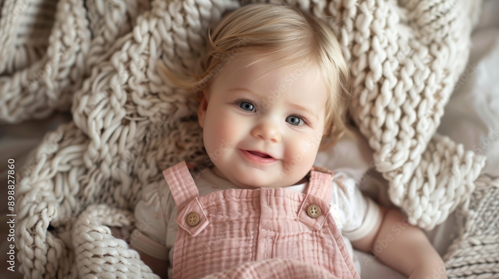 Happy infant girl with blonde hair smiling on soft blanket at home Happy infant girl with blonde hair smiling on soft blanket at home