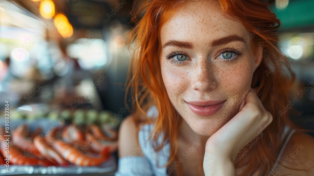 Woman with red hair smiling at seafood market during daytime Woman with red hair smiling at seafood market during daytime