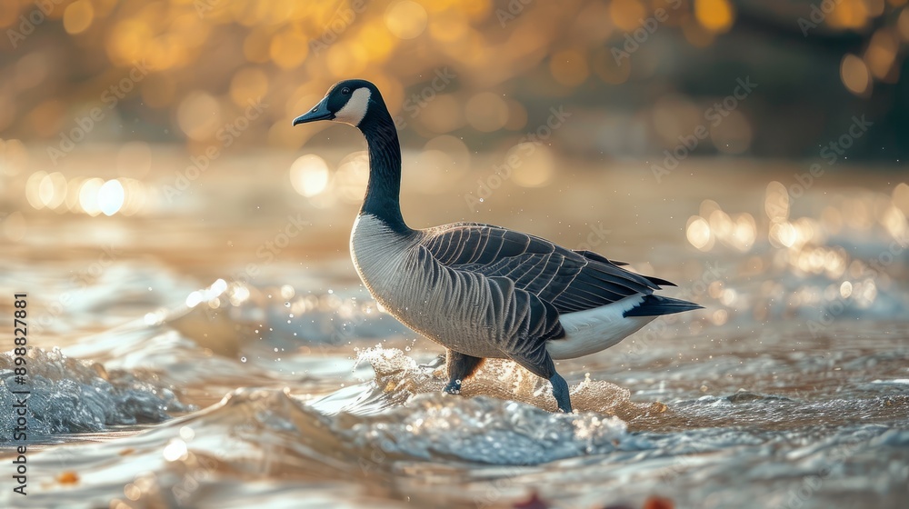 Goose strolling at water's edge during sunset Goose strolling at water's edge during sunset