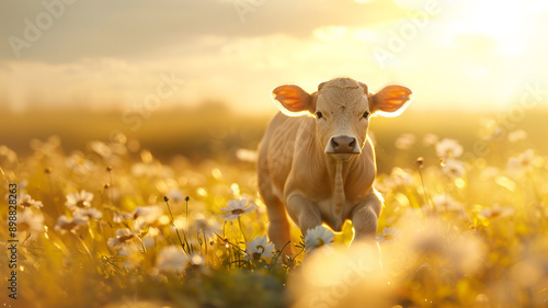 A cute baby bull is running in in a meadow during golden hour with a beautiful skyscape; a spring background with copy space and sun rays 