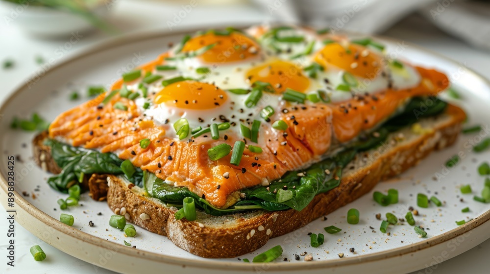 Salmon omelette on toast with spinach and sour cream perfect for breakfast or brunch Salmon omelette on toast with spinach and sour cream perfect for breakfast or brunch