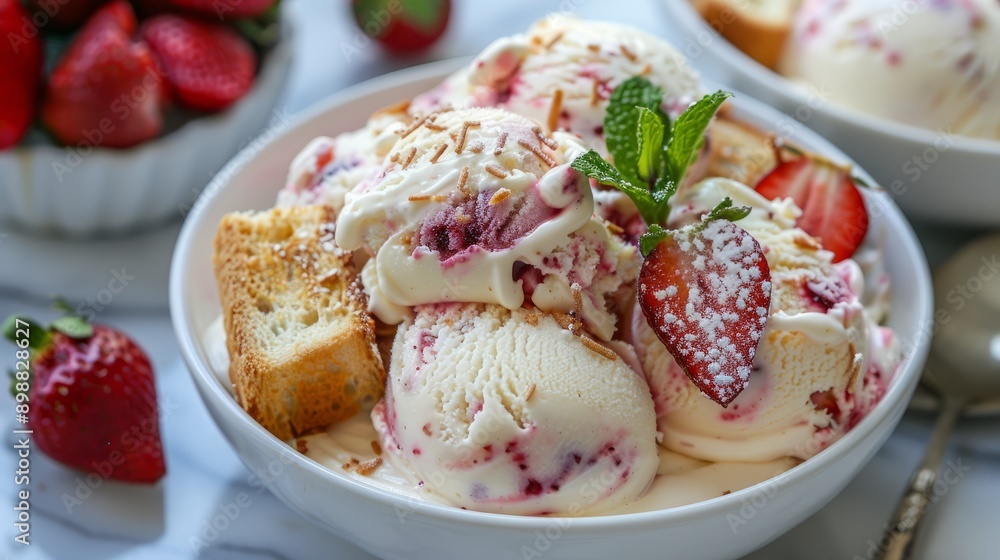 Strawberry honey toast ice cream delight served with fresh berries and mint garnish Strawberry honey toast ice cream delight served with fresh berries and mint garnish