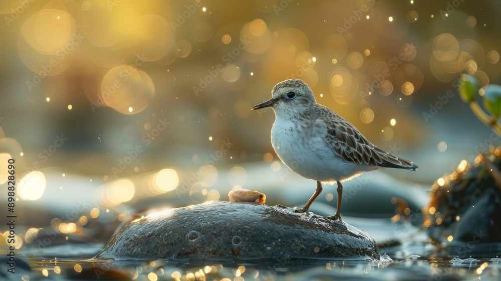 Tiny calidris alba shorebird stands on rock at sunset by coastal wetland Tiny calidris alba shorebird stands on rock at sunset by coastal wetland
