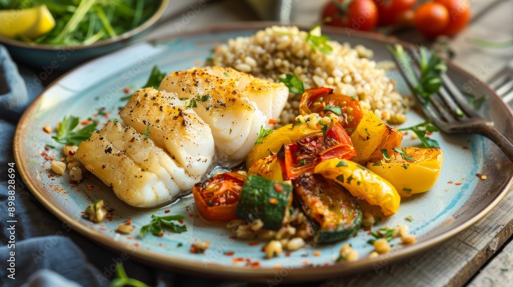 Gourmet Dinner Plate with Baked Cod, Roasted Vegetables, and Brown Rice on Rustic Wooden Table Gourmet Dinner Plate with Baked Cod, Roasted Vegetables, and Brown Rice on Rustic Wooden Table