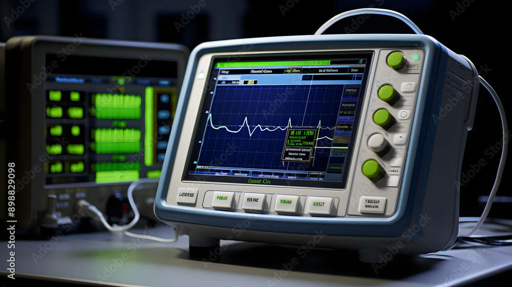 Portable Electrocardiogram (EKG) Machine In Operation – Capturing Heart Rhythms in Vibrant Green Traces Portable Electrocardiogram (EKG) Machine In Operation – Capturing Heart Rhythms in Vibrant Green Traces