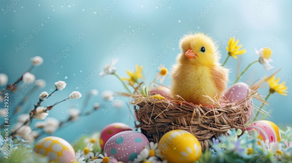 Yellow toy bird nestled in basket with easter ornaments in spring setting Yellow toy bird nestled in basket with easter ornaments in spring setting