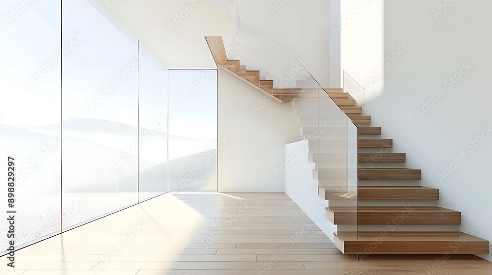Floating wooden staircase with glass railings Floating wooden staircase with glass railings