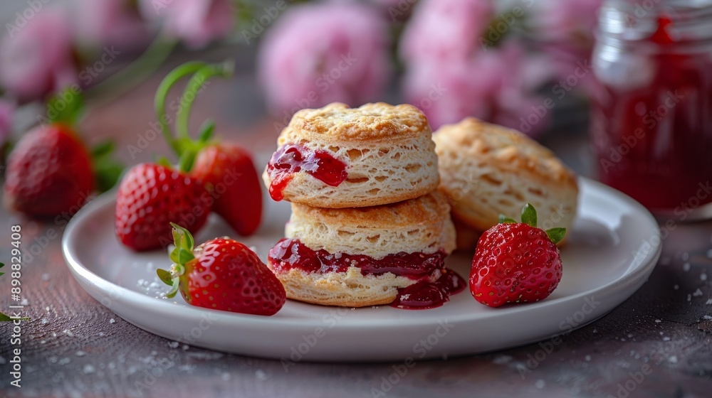 Fresh scones with strawberry jam on white plate surrounded by seasonal flowers Fresh scones with strawberry jam on white plate surrounded by seasonal flowers