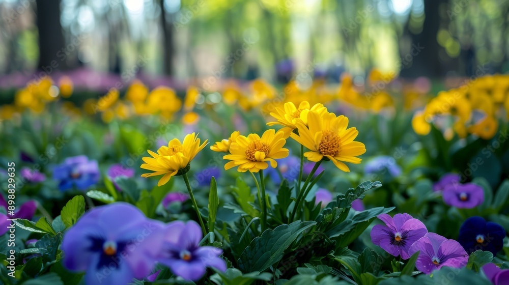 Yellow and violet blooms at the park during spring Yellow and violet blooms at the park during spring