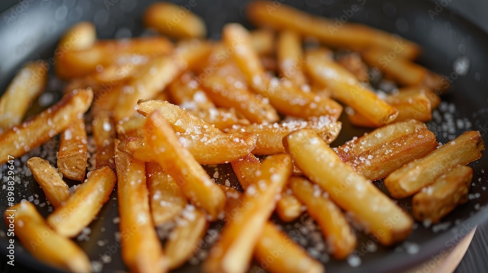 Crispy french fries resting on paper towel in frying pan after cooking Crispy french fries resting on paper towel in frying pan after cooking