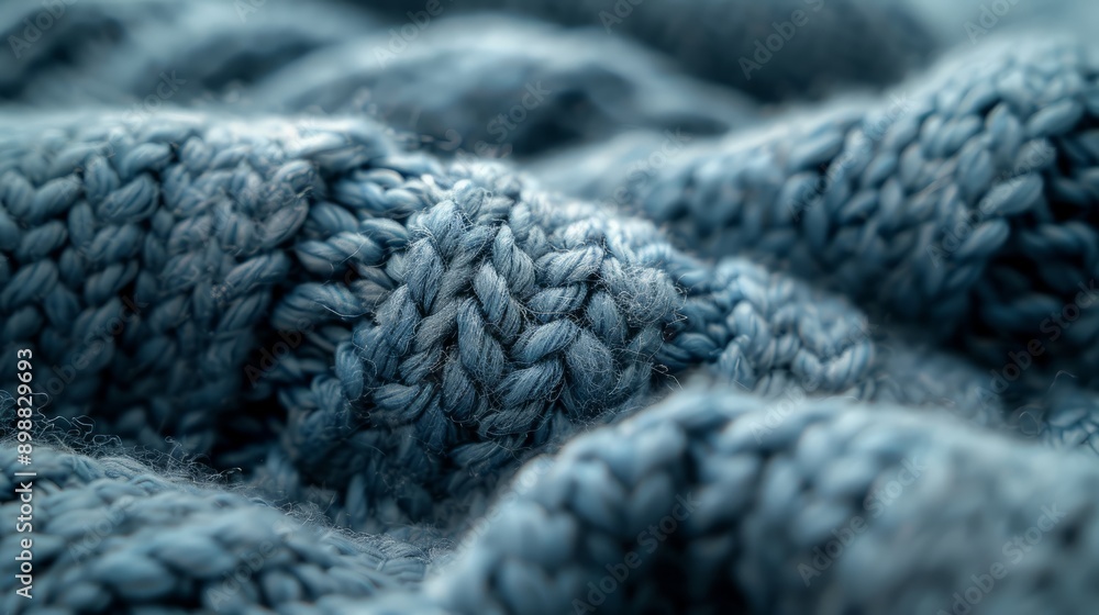 Close up view of soft blue knitted fabric texture in natural light Close up view of soft blue knitted fabric texture in natural light