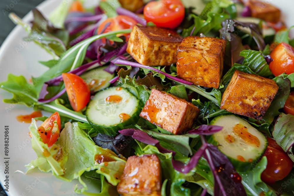 Fresh Colorful Salad with Mixed Greens, Cherry Tomatoes, Cucumbers, and Grilled Tofu in Chic Dining Setting Fresh Colorful Salad with Mixed Greens, Cherry Tomatoes, Cucumbers, and Grilled Tofu in Chic Dining Setting