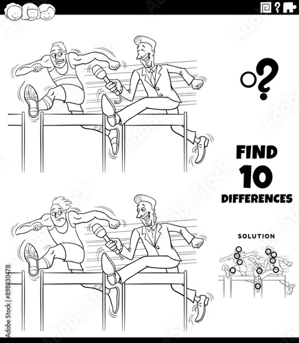 differences activity with cartoon hurdle runner and reporter coloring page