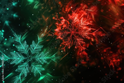 Abstract Christmas background with red and green bioluminescent snowflakes photo