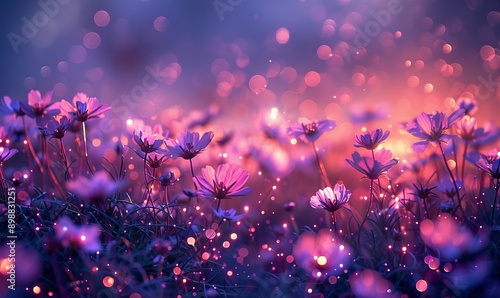 Wild flower field in the night magical lights. Summer meadow. Fantastical fantasy background of magical purple dark night sky with shining bokeh lights copy, Generative AI