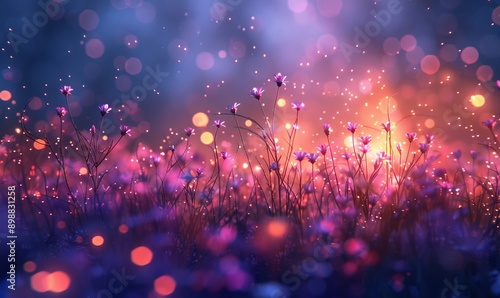 Wild flower field in the night magical lights. Summer meadow. Fantastical fantasy background of magical purple dark night sky with shining bokeh lights copy, Generative AI