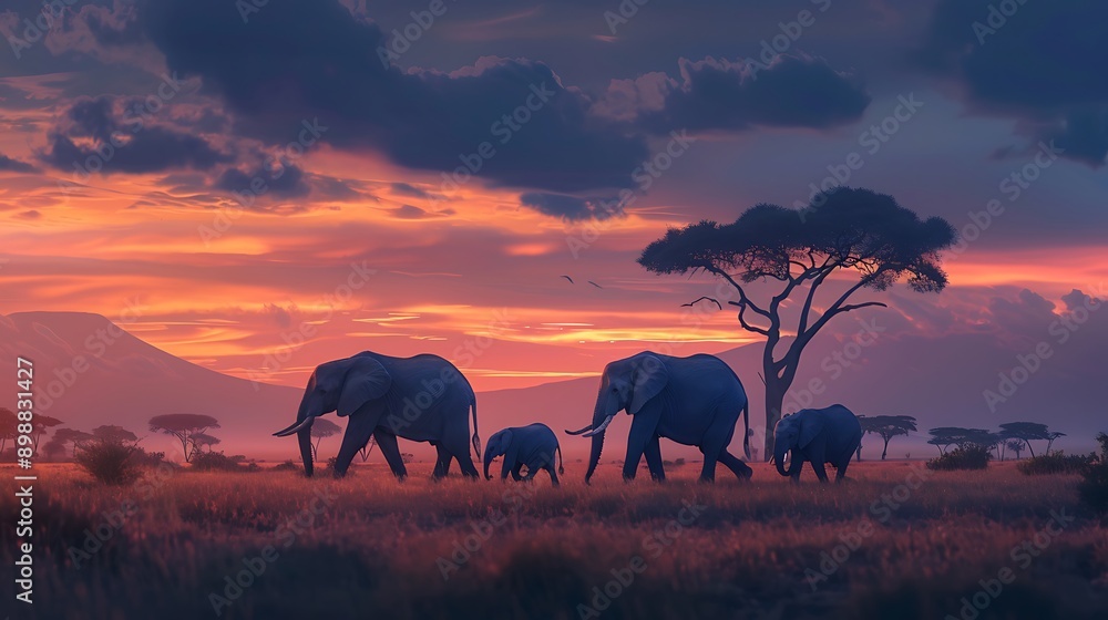 Fototapeta premium Elephant family walking across the savanna at dusk 