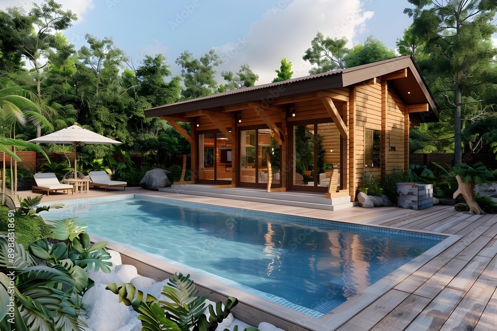 custom made wallpaper toronto digitalModern Wooden Cabin with Swimming Pool and Lush Greenery