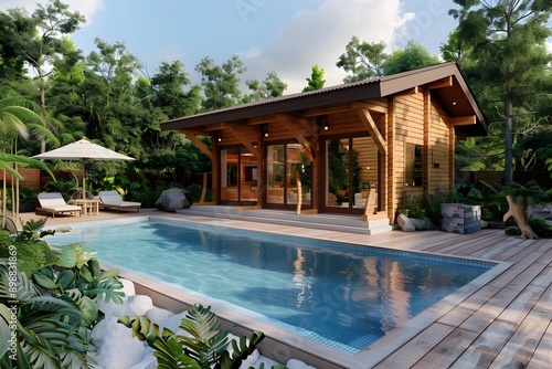 Wallpaper Mural Modern Wooden Cabin with Swimming Pool and Lush Greenery Torontodigital.ca