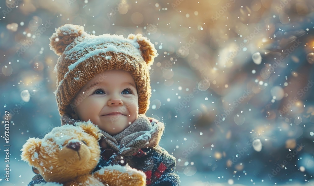 Christmas and new year card with happy child in magical winter snow fall miracle with his teddy bear. Cute baby boy is on magical winter background with christmas landscape and falling, Generative AI Christmas and new year card with happy child in magical winter snow fall miracle with his teddy bear. Cute baby boy is on magical winter background with christmas landscape and falling, Generative AI