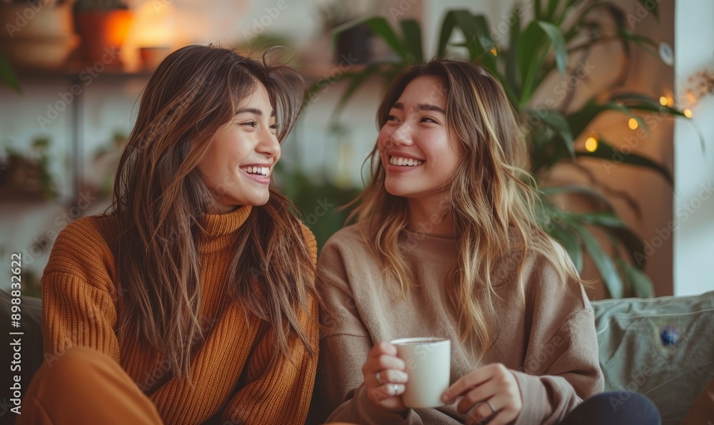 Two millennial girl friends at home on the sofa talking, drinking coffee, discussing. Diverse friends spending fun time together and laughing, chat and talk. Asian and Caucasian, Generative AI Two millennial girl friends at home on the sofa talking, drinking coffee, discussing. Diverse friends spending fun time together and laughing, chat and talk. Asian and Caucasian, Generative AI