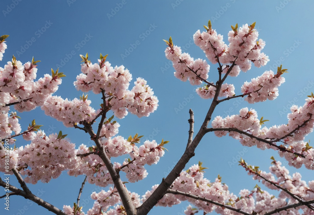A blooming cherry tree with a blue sky backdrop. A blooming cherry tree with a blue sky backdrop.