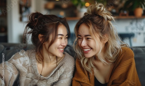 Two millennial girl friends at home on the sofa talking, drinking coffee, discussing. Diverse friends spending fun time together and laughing, chat and talk. Asian and Caucasian, Generative AI