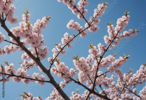  A blooming cherry tree with a blue sky backdrop. 