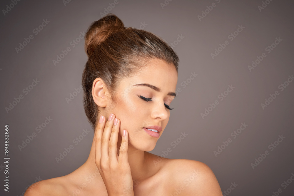 Beauty, makeup and woman with hands on face in studio for cosmetics, wellness and satisfaction. Dermatology, touch and person with eyes closed for aesthetic, salon and skincare on background