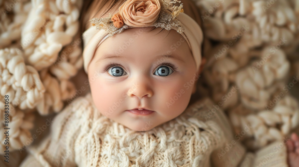 A portrait of a baby with bright blue eyes lies on a soft light blanket. Childhood concept. A portrait of a baby with bright blue eyes lies on a soft light blanket. Childhood concept.