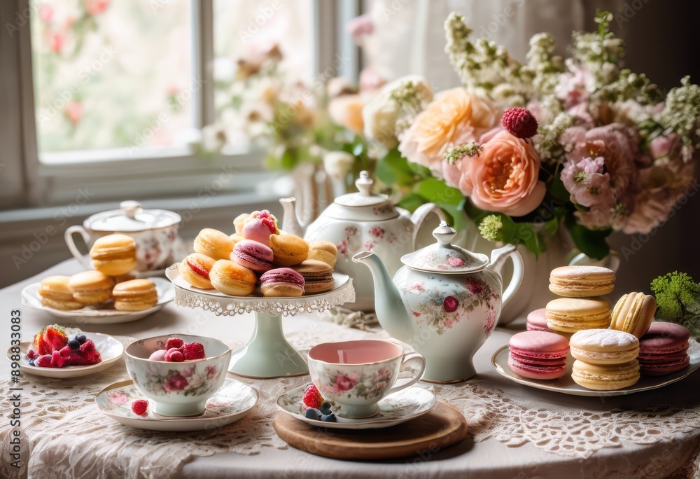 charming tea set displayed alongside assorted pastries elegant table setting delicate floral patterns, ceramic, teapot, cups, saucers, sweets, bakery charming tea set displayed alongside assorted pastries elegant table setting delicate floral patterns, ceramic, teapot, cups, saucers, sweets, bakery