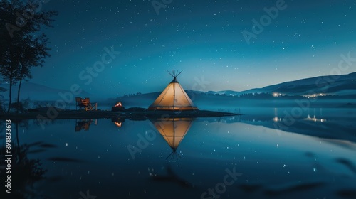 Serene lakeside with big white camping tent, camping gear, kayaks, hiking poles, campfire ring, starry night sky reflection. Big camping tent gears