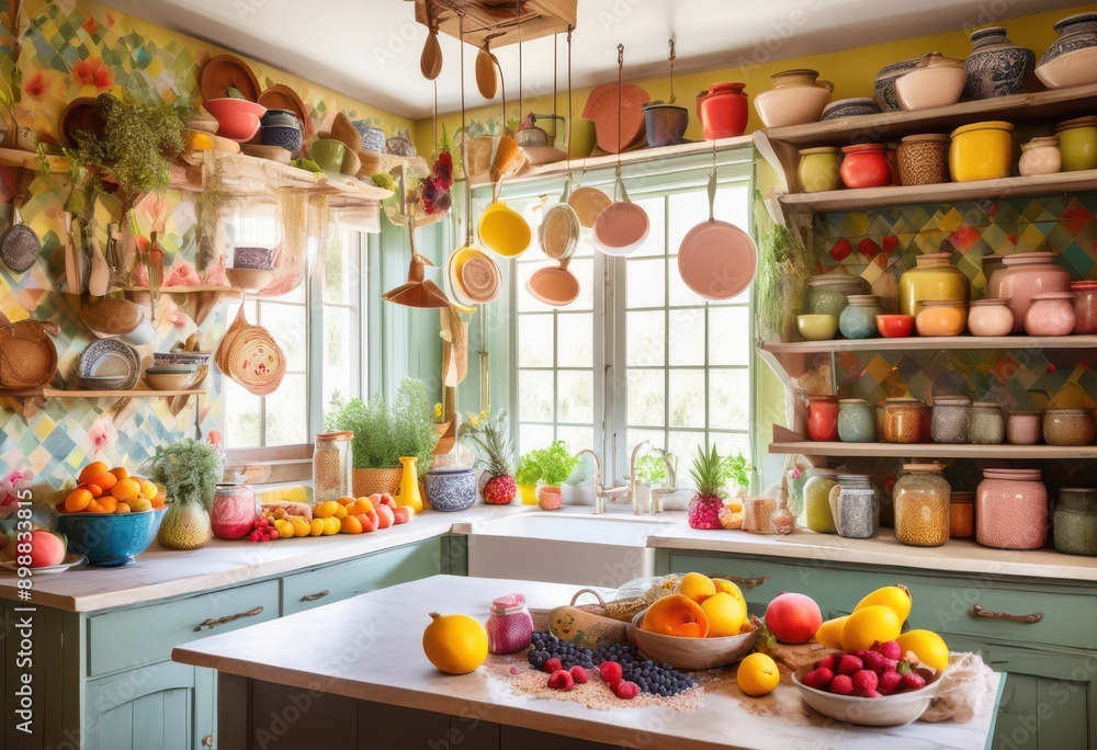 charming kitchen setup featuring brightly colored baking whimsical inviting decor enthusiastic baking experience, ingredients, utensils, colorful, counter charming kitchen setup featuring brightly colored baking whimsical inviting decor enthusiastic baking experience, ingredients, utensils, colorful, counter