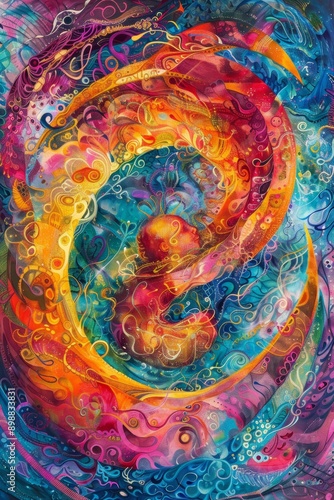 Vibrant Depiction of a Human Embryo with Swirling Light Patterns Representing the Miracle of Life © spyrakot