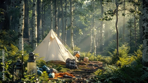 Serene forest camping scene with big white tent, surrounded by gear like backpacks, sleeping bags, and lanterns, sunlight filtering through trees. Big camping tent gears