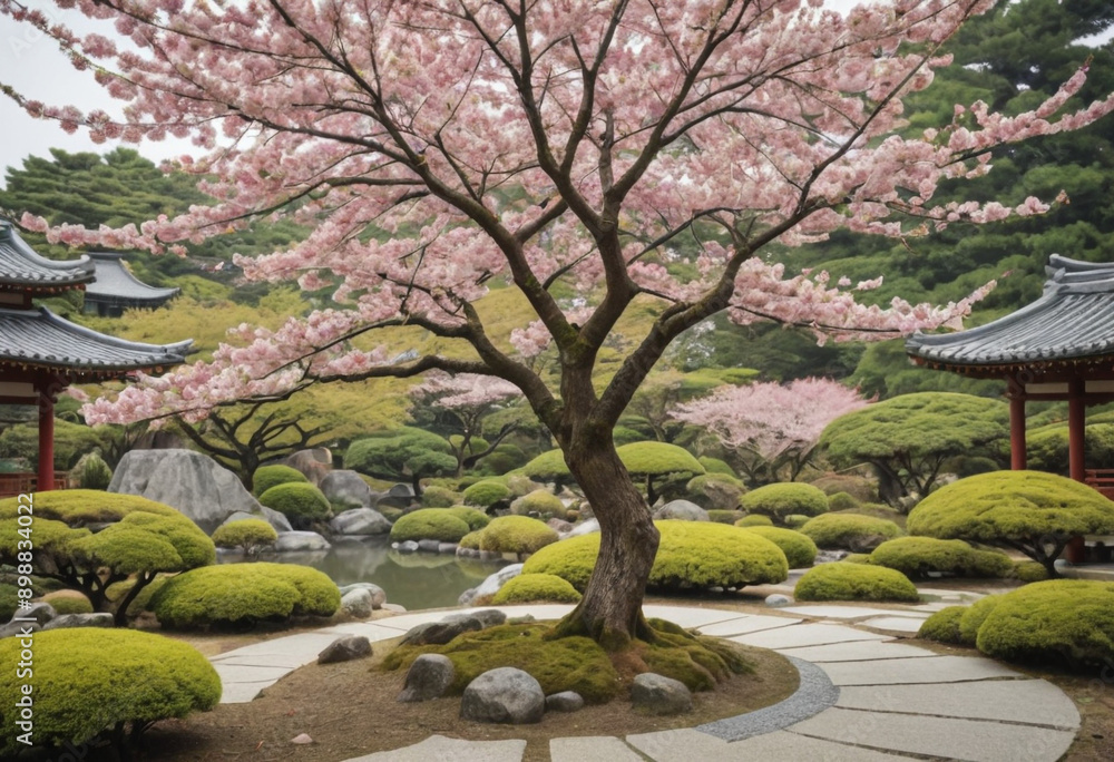 A flowering cherry tree with a traditional Japanese garden in the background. A flowering cherry tree with a traditional Japanese garden in the background.