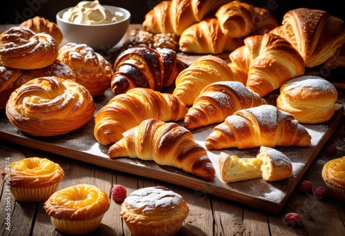 Wallpaper Mural artistic display breakfast pastries featuring breads colorful arrangement rustic wooden table, croissant, danish, muffin, food, dessert, sweet, baked Torontodigital.ca