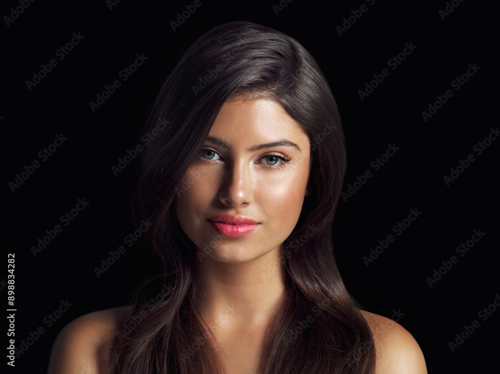 Portrait, hair care and woman with shine, luxury ad cosmetology on black studio background. Face, person and model with treatment, makeup and grooming routine with volume, keratin and beauty Portrait, hair care and woman with shine, luxury ad cosmetology on black studio background. Face, person and model with treatment, makeup and grooming routine with volume, keratin and beauty