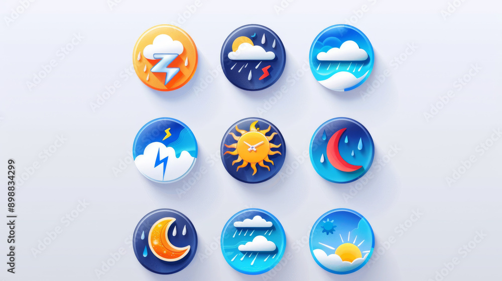 Icons show the weather. They show sun, clouds, lightning, rain, snow, fog, wind, and the moon. They help understand the weather. Icons show the weather. They show sun, clouds, lightning, rain, snow, fog, wind, and the moon. They help understand the weather.