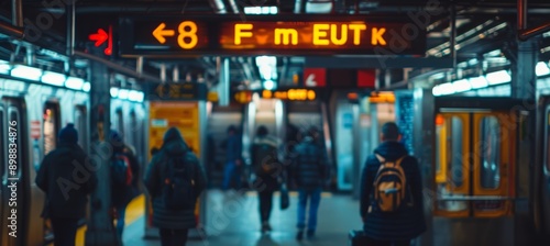 Busy Subway Station with Directional Signs and Crowds of Commuters Navigating Platforms and Exits