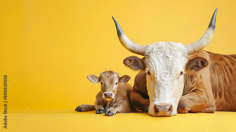 Naklejka premium A cute adult and bull is laying down with an isolated yellow background