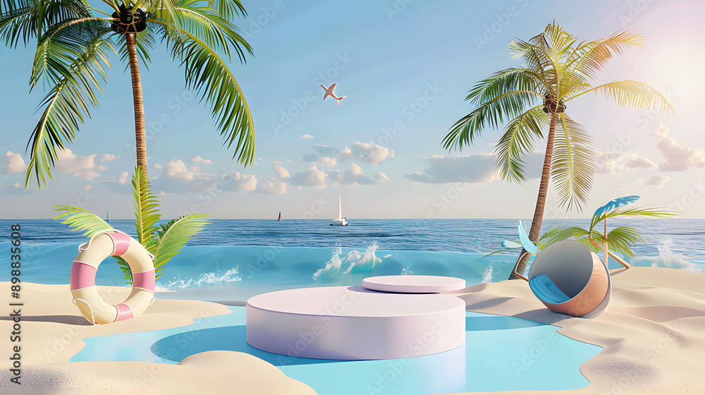 Obraz premium 3D render, Summer background with empty podium displays and minimal element, beach and sea scene for mock up.