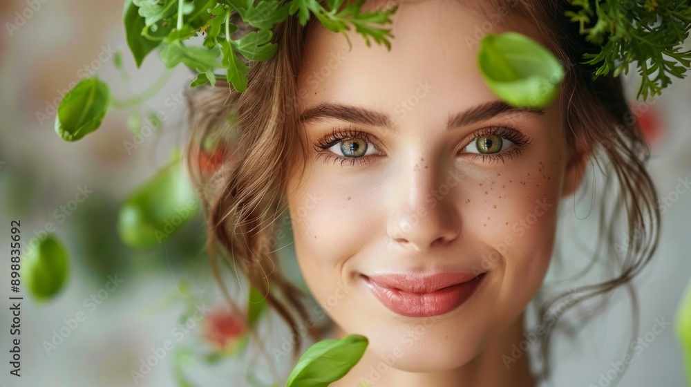 Woman embracing healthy eating surrounded by fresh herbs in a bright kitchen Woman embracing healthy eating surrounded by fresh herbs in a bright kitchen