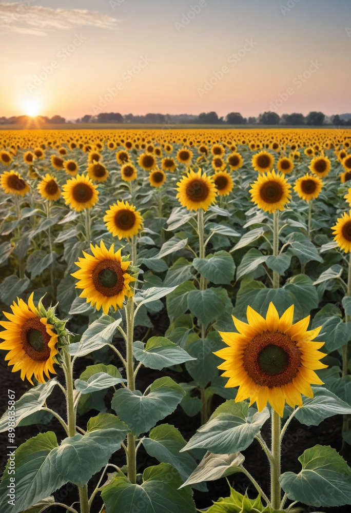 Obraz premium A sunflower field at sunrise. 