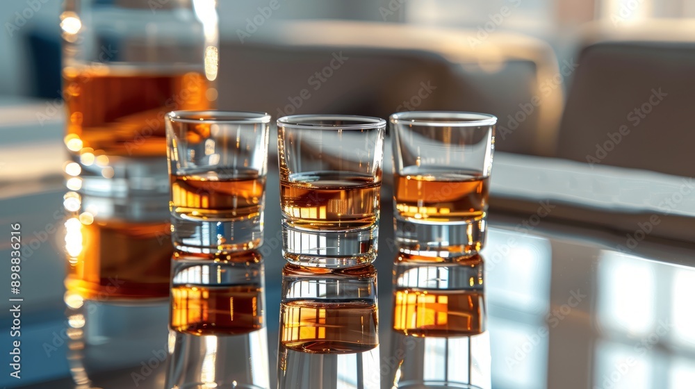 Shot glasses filled with golden beverage on a table in a cozy setting Shot glasses filled with golden beverage on a table in a cozy setting